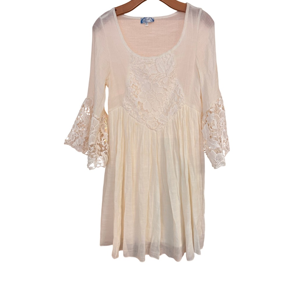 J. Glee Women's Cream‎ Lace Bell Sleeve Babydoll Mini Dress Boho Cottagecore PS